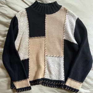 Hand Embroidered Heavy Knit Black Cream and Grey Color Block Unique Sweater